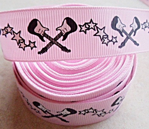 Rockstar Guitars and stars on Pink 7/8 inch grosgrain ribbon Il_170x135