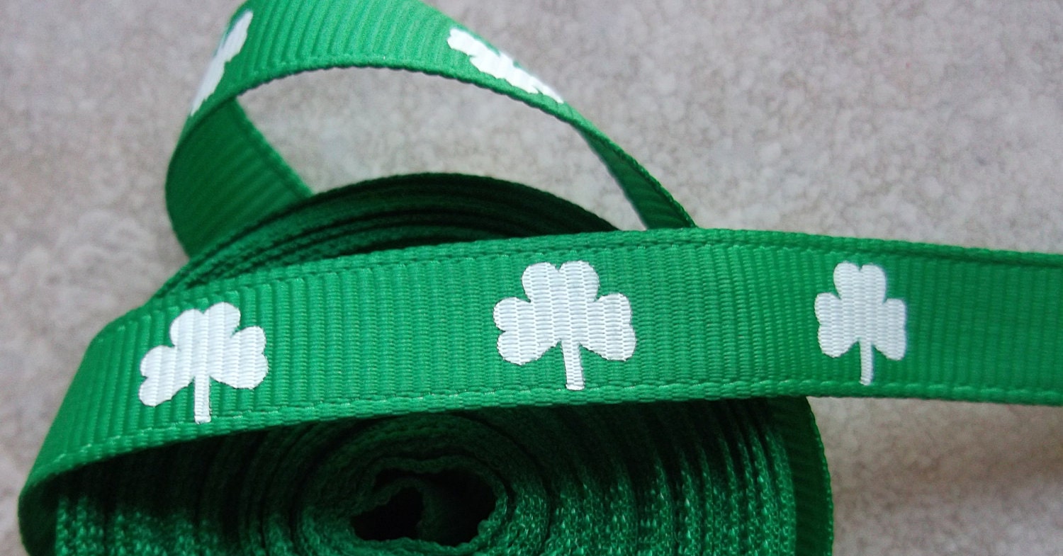 White shamrocks on Emerald green 3/8" grosgrain ribbon- St Patricks day Il_170x135