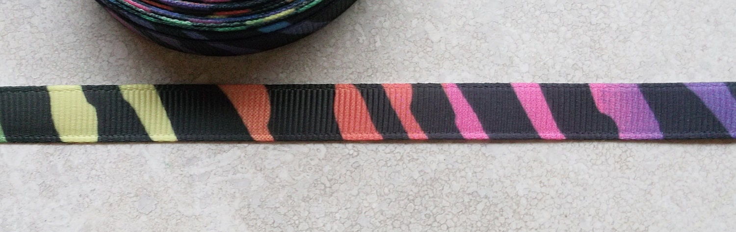 Rainbow Zebra/Tiger striped Print 3/8"  grosgrain ribbon