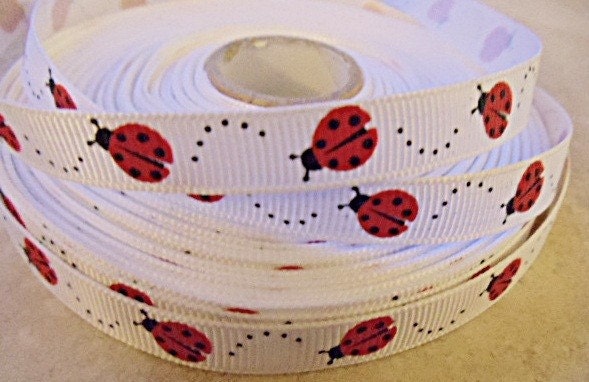 Lucky Red Ladybugs on white 3/8" grosgrain ribbon Il_570xn