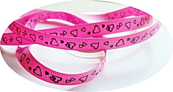 Fuschia hot pink 3/8" grosgrain ribbon assorted black hearts Il_570xn