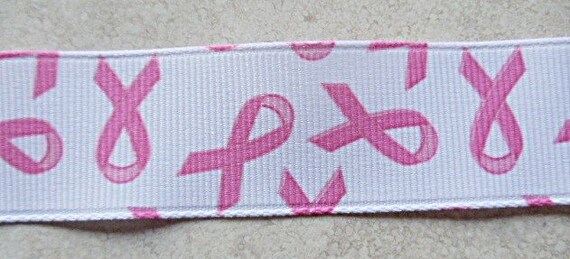 Breast Cancer Awareness pink ribbons on white 7/8" grosgrain ribbon Il_570xn