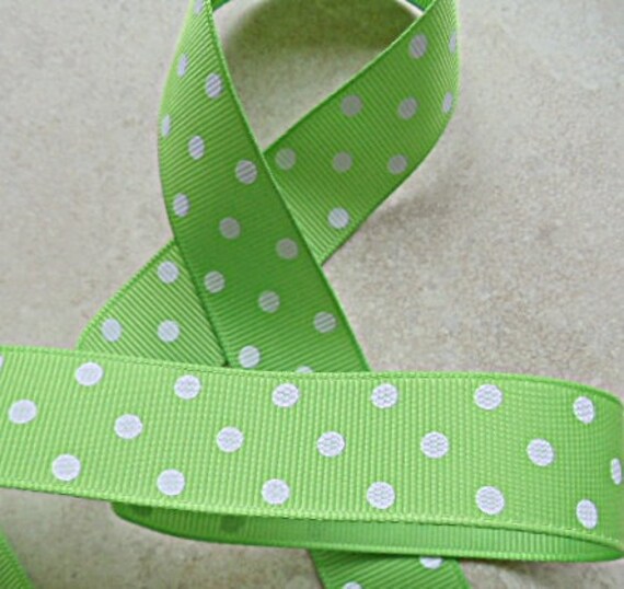 Apple or lime Green 7/8" grosgrain ribbon with white polka dots Il_570xn