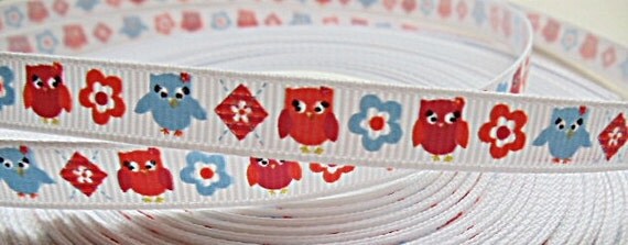 Adorable blue, hot pink & orange owls with flowers on white 3/8" grosgrain ribbon Il_570xn