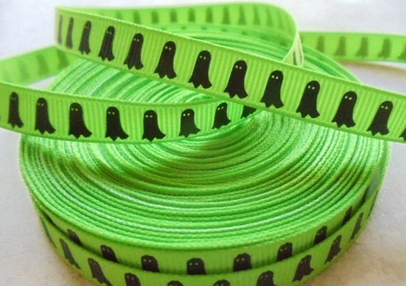 SALE-Halloween black ghosts printed on lime green 3/8" grosgrain ribbon-SALE Il_570xn
