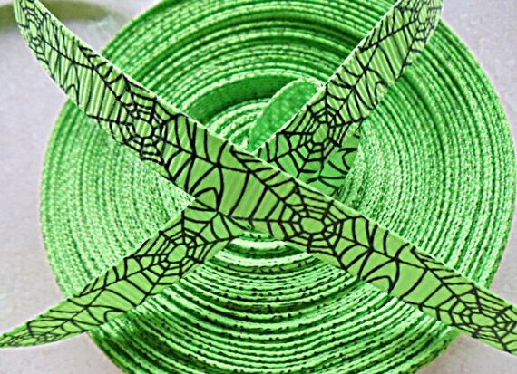 Halloween Black spider webs printed on bright green 3/8" grosgrain ribbon Il_570xn