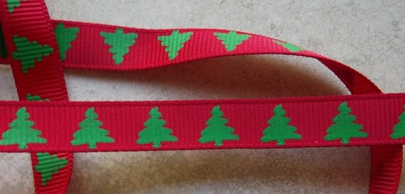 Green Christmas trees on red 3/8" grosgrain ribbon Christmas Il_570xn