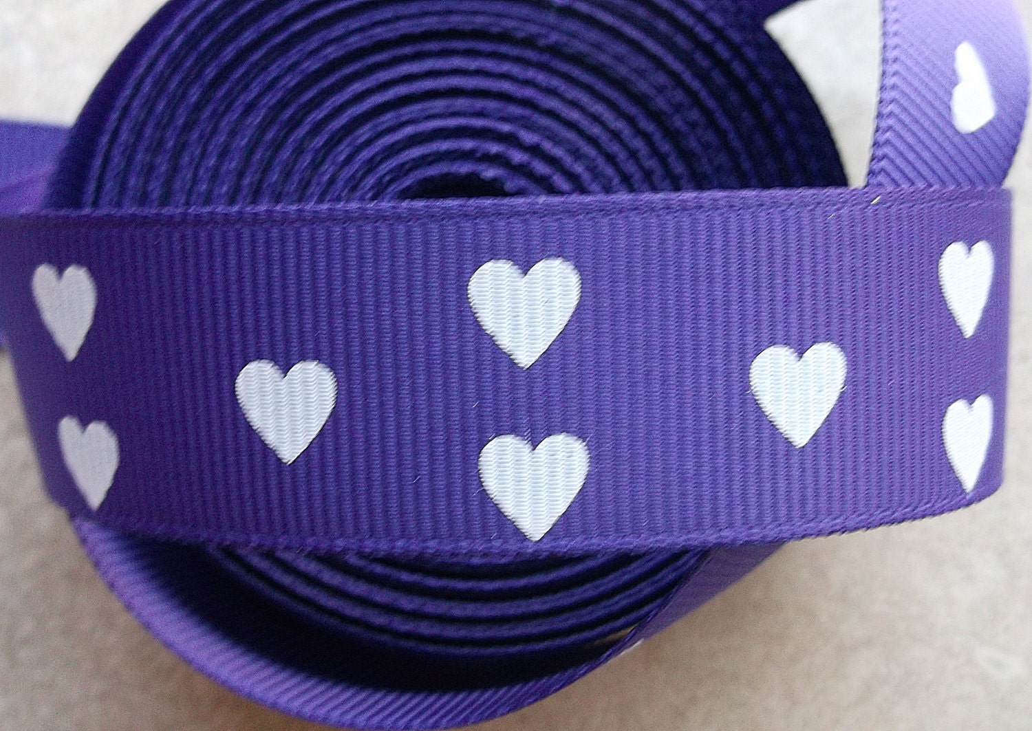 Classic white hearts on pleasant purple 7/8" grosgrain - valentines Il_570xn