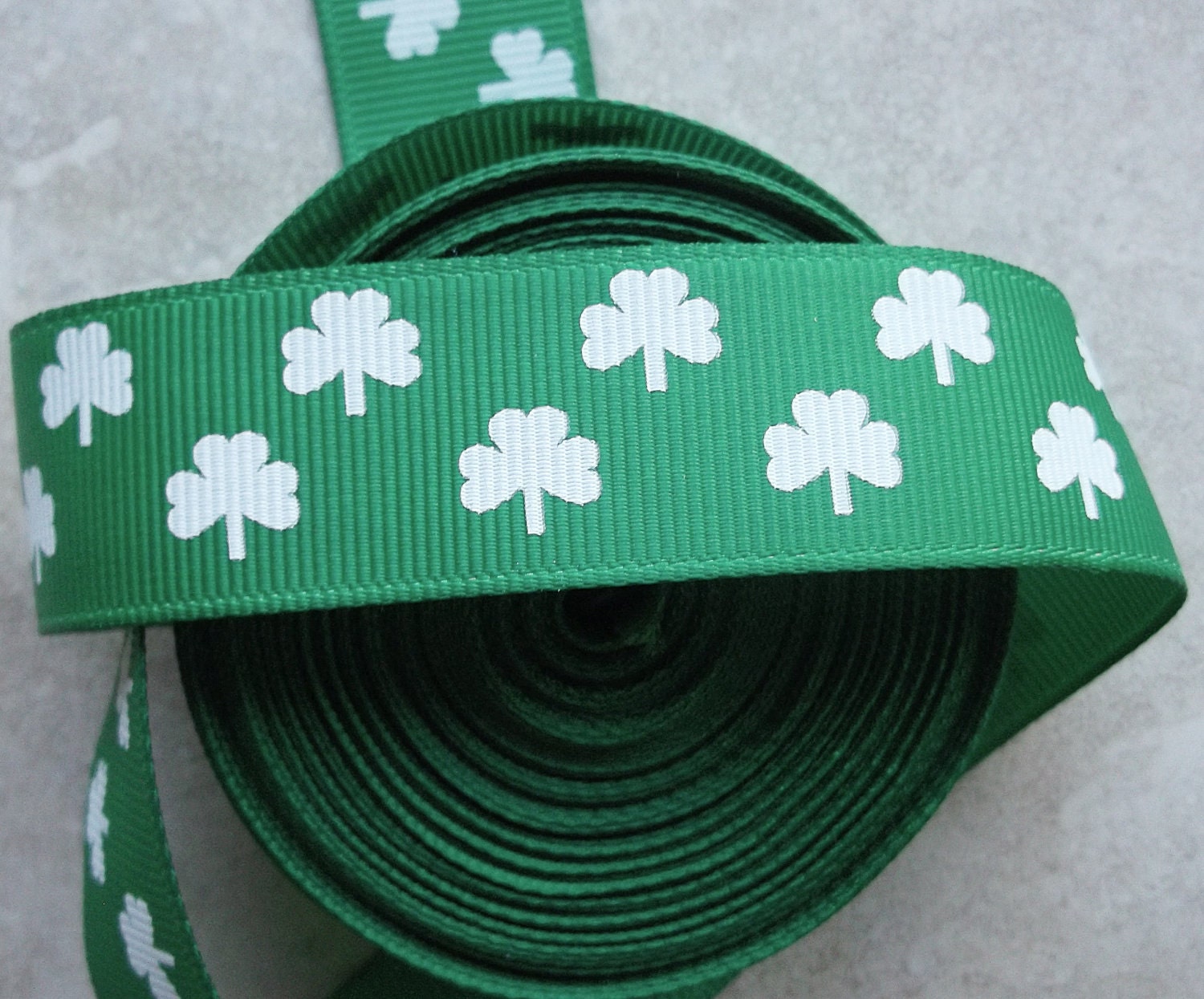 White shamrocks on Emerald green 7/8" grosgrain ribbon- St Patricks day Il_570xn
