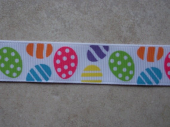 Bright Easter Eggs on white 7/8" grosgrain ribbon- Easter Il_570xn