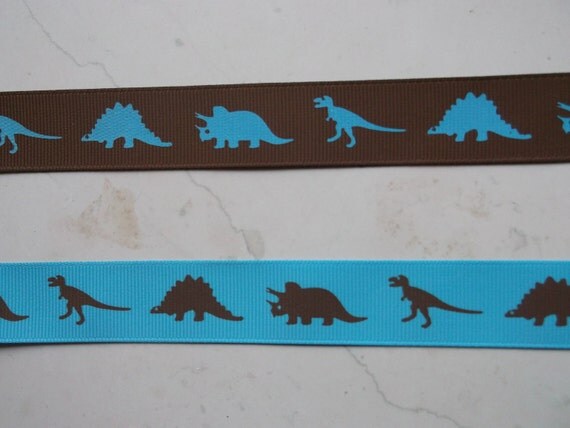 Brown Dinosaurs Silhouettes on turquoise & turquoise dinos on brown 7/8 inch grosgrain ribbon- combo set Il_570xn