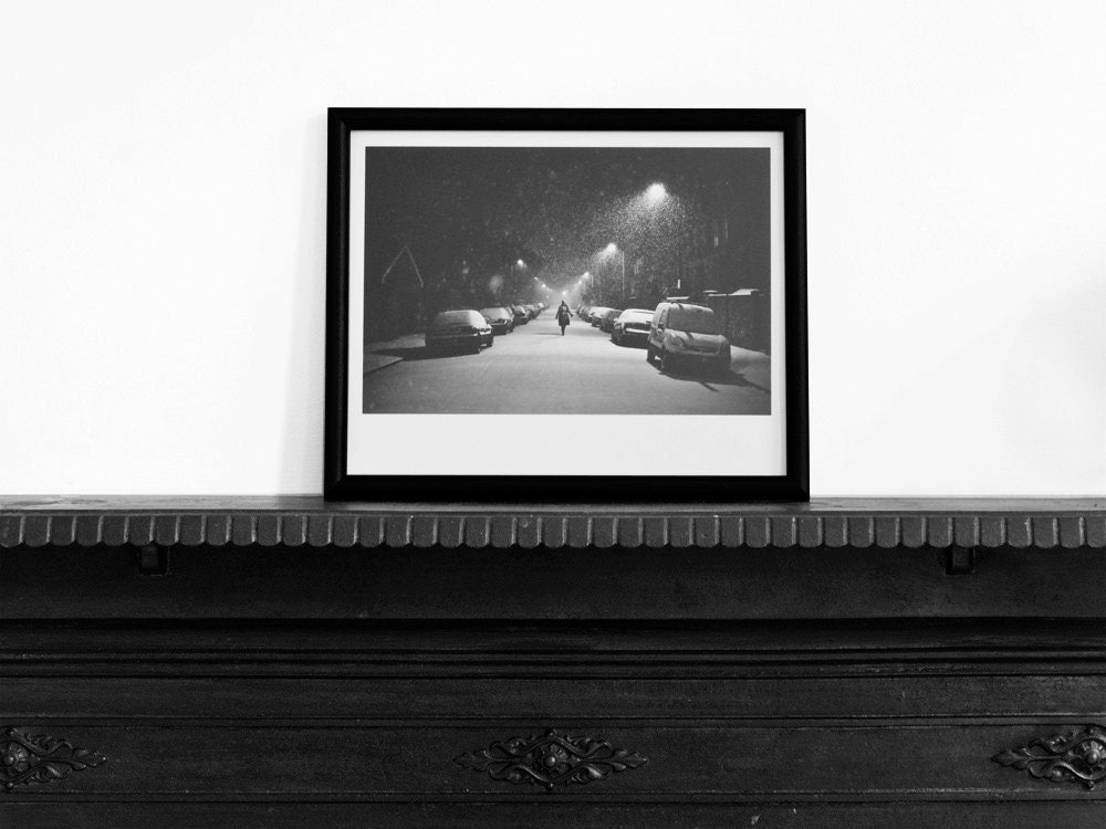 London photography, snowy black and white Hackney winter street scene with lonely female figure. 8x10 fine art photo print. UK seller