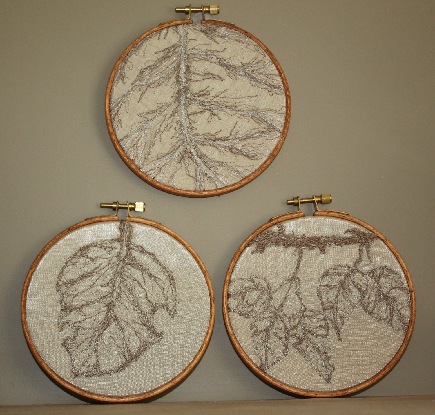 Embroidery Hoop art Leaf Free style wall hanging fall foliage Brown Beige contemporary wall textile art Home decor