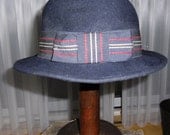 Vintage Hat / Navy Blue Doeskin Felt 100% Wool with Red, White & Blue Grosgrain Band Made in USA by Geo W Bollman Co
