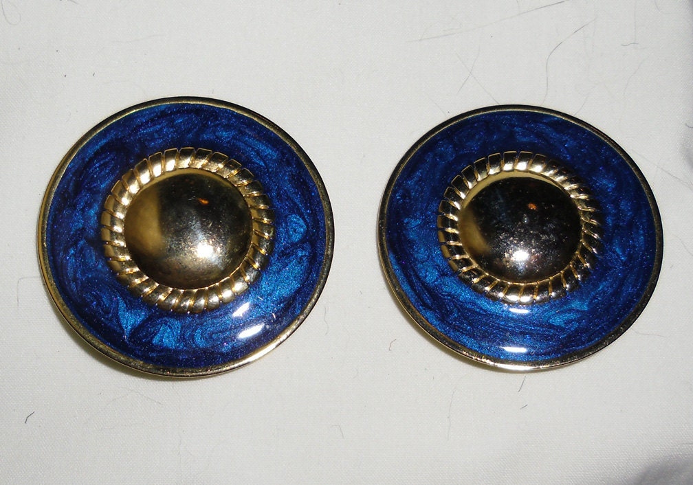 Vintage Earrings / Large Cobalt Blue Metal Clip On Earrings 1 7/8"