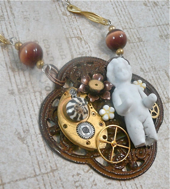 Steampunk FROZEN CHARLOTTE Necklace - Frozen In Time - Victorian Watch Parts Ruby Gears Shell Brown Copper Nouveau