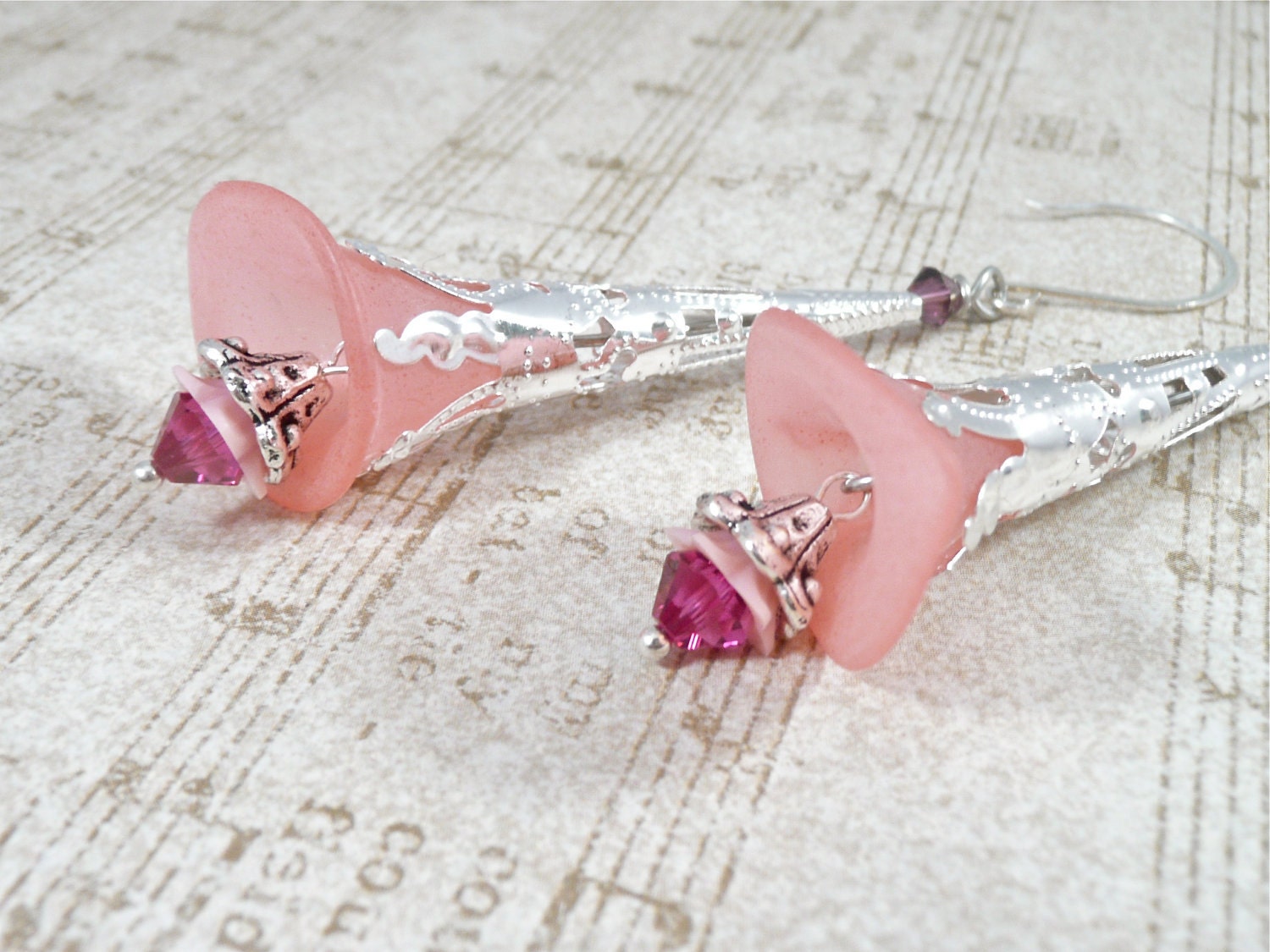 Calla Lilly Flower Earrings - Pink Parasol - Secret Garden Statement Silver Crystals Shabby Chic Spring Summer Long Earrings