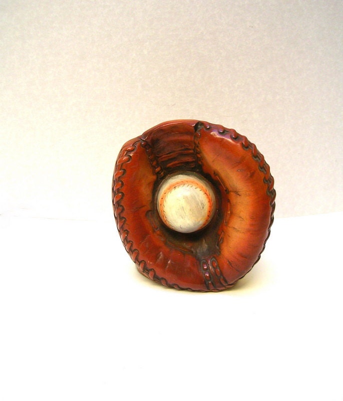 Vintage Planter.  Velco Planter, Ceramic Baseball Glove, Burnt Orange, White, Brown.  Sculpture, Photo Prop, Vase, Display, Sports, 1970s.