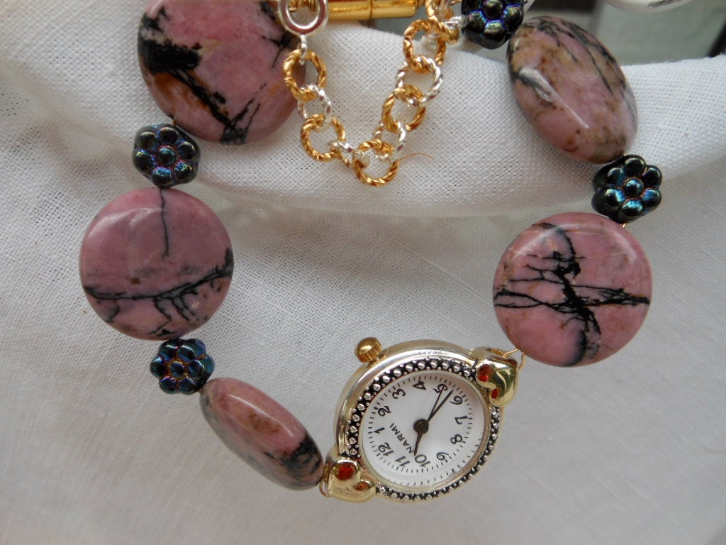 Round Two Toned Watch Face with Rosy Rhodonite and Glass Flowers and the Easiest Clasp Ever