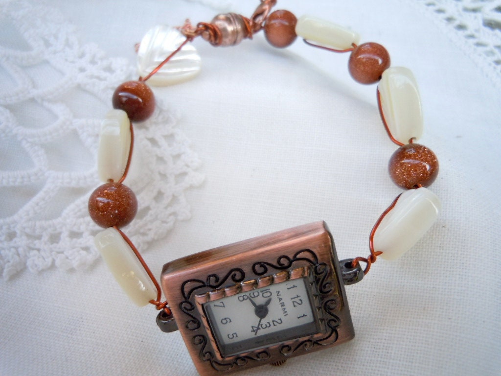 Rectangular Copper Watch Face with Brown Goldstone and Creamy Shells and the Easiest Clasp Ever