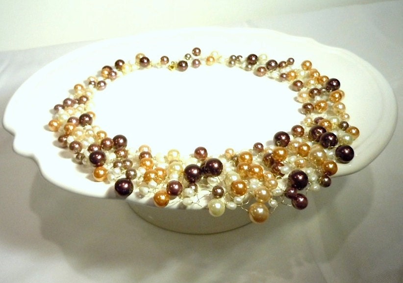 Knitted Pearl Necklace in Wonderful Golden, Cream and Brown Glass Pearls and Whte Freshwater Pearls