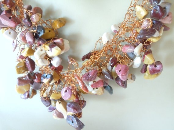 Crocheted Necklace of Super Fine Copper Wire and Mookaite in a Ruffled Design