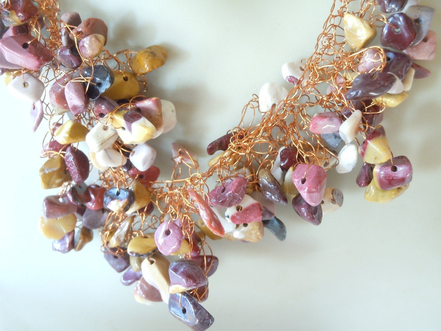 Crocheted Necklace of Super Fine Copper Wire and Mookaite in a Ruffled Design