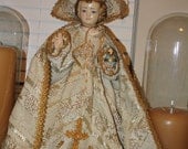 Antique Infant Jesus of Prague Statue with GLASS eyes 3 pc Vestments and CROWN