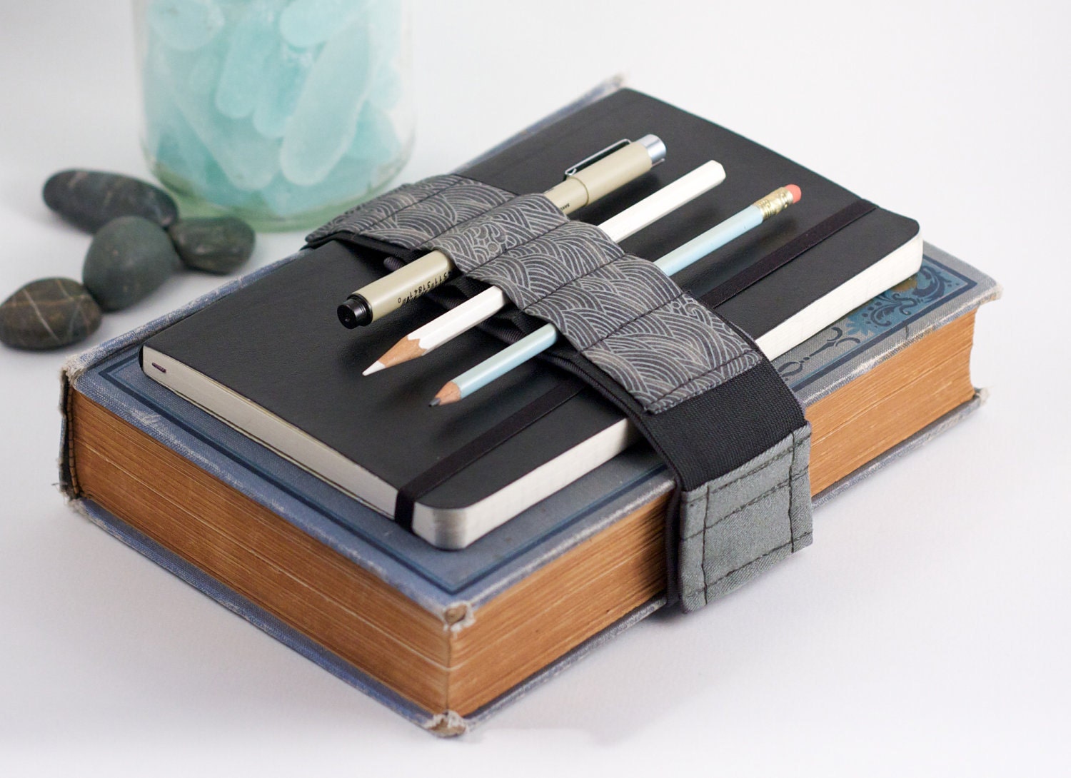 Adjustable Velcro Bandolier / replace your pencil case / Grey Waves