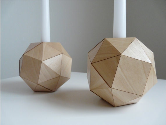 RESERVED for Collette... set of 2, Polyhedron Wood Candlesticks