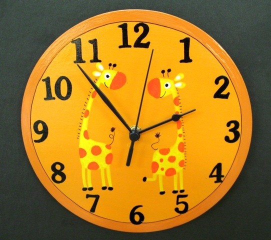 Orange Wall Clock With Giraffes Painting
