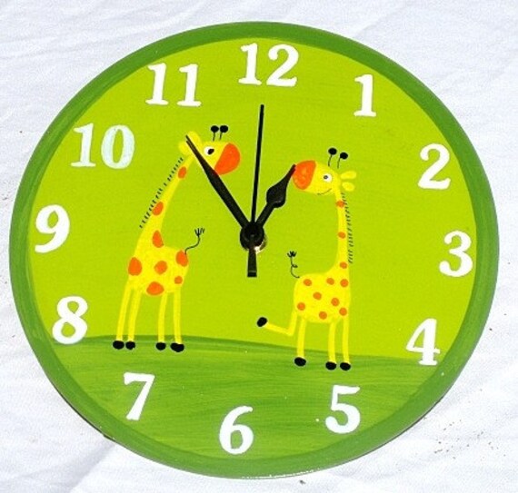 Green Wall Clock With Giraffes Painting