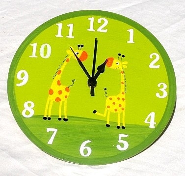 Green Wall Clock With Giraffes Painting