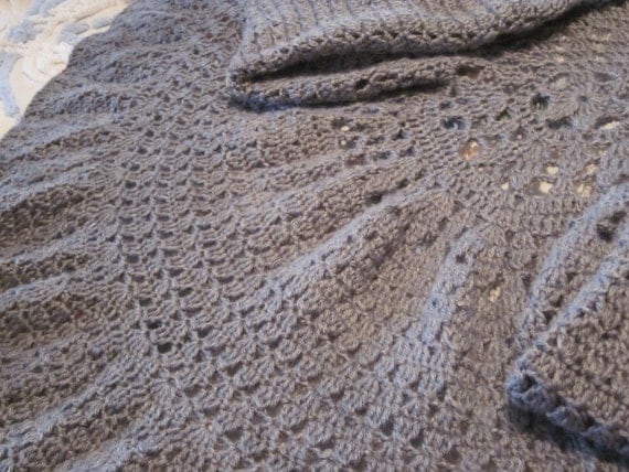 HALF PRICE for 1 Week Crochet Gray Ruffled Circle Sweater or Shrug, Three Quarter Dolman Sleeves, Size M-L