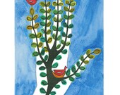 A4 Art Illustration Stylised Contemporary Folk Art Print Hand Leaves Bird Tree Blue Green