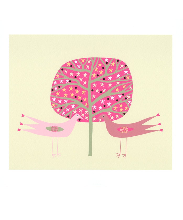 10" x 8" Love Themed Art Illustration Print Drawing Love Birds Valentine Themed Bird Art Pink And Pale Green Cream Stylised Art