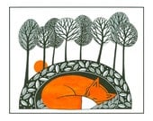 10" x 8" Art Illustration Print Fox Landscape Trees Pen And Ink Art Animal Drawing Graphic Art Black White Orange