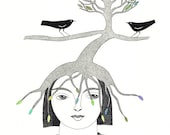 Original  Pen And Ink Drawing Illustration Art Contemporary Folk Art Elf Fairy Tree Birds Whimsical Black and White Green