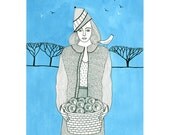 Art Illustration A4 Print Figurative Drawing Woman Selling Apples Birds Blue Grey Gray Pen And Ink Watercolour Painting