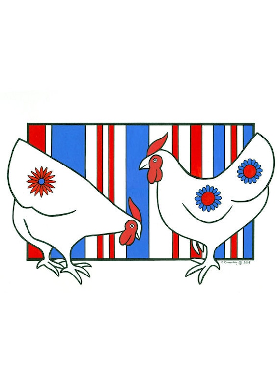 Original Painting Original Art Drawing Illustration Folk Art Patriotic Red Blue White Stylised Hens Chickens