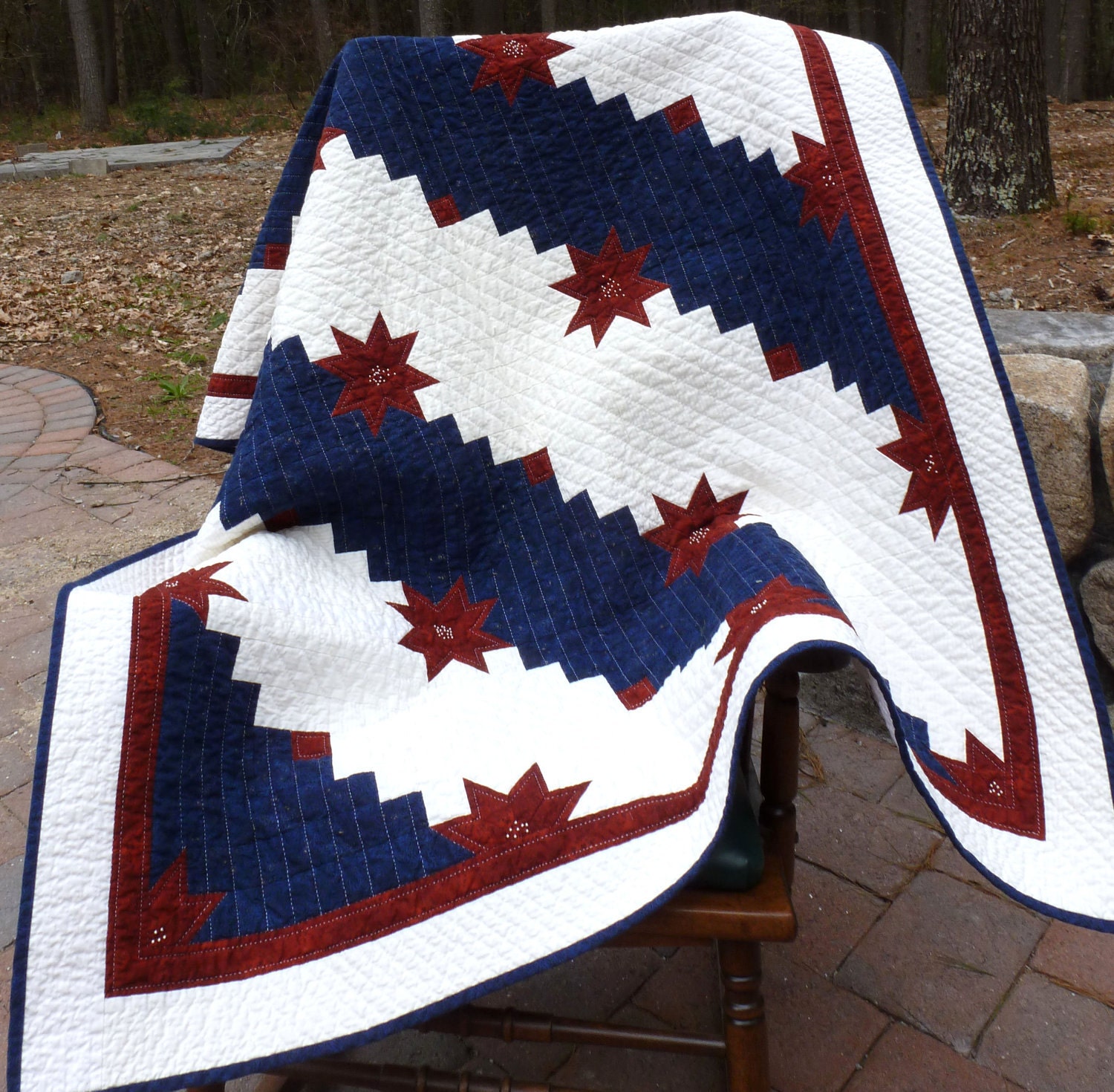 Americana Red, White, and Blue Lap Quilt: Hand Quilted 45 X 59