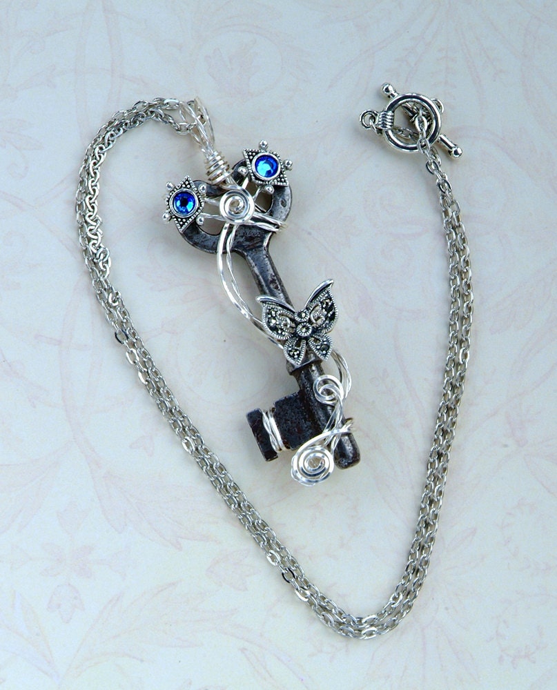Antique Skeleton Key Necklace, wire wrapped skeleton key necklace, butterfly