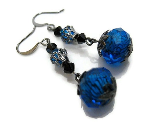Hand Beaded Gunmetal, Black, and Blue Earrings