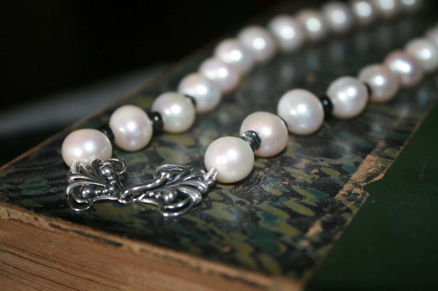 Knotted Freshwater Pearls and Hematite with Sterling Silver Clasp