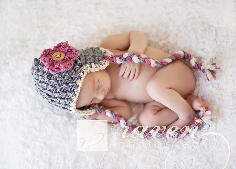 Newborn Photo prop - Grey and cream Flower earflap beanie hat - Sizes newborn to toddler
