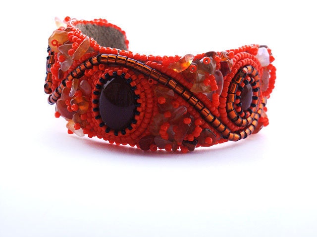 EBWC Bead embroidered cuff "Tangerine tango lure", beads embroidered bracelet, beaded bracelet cuff with carnelian CIJ
