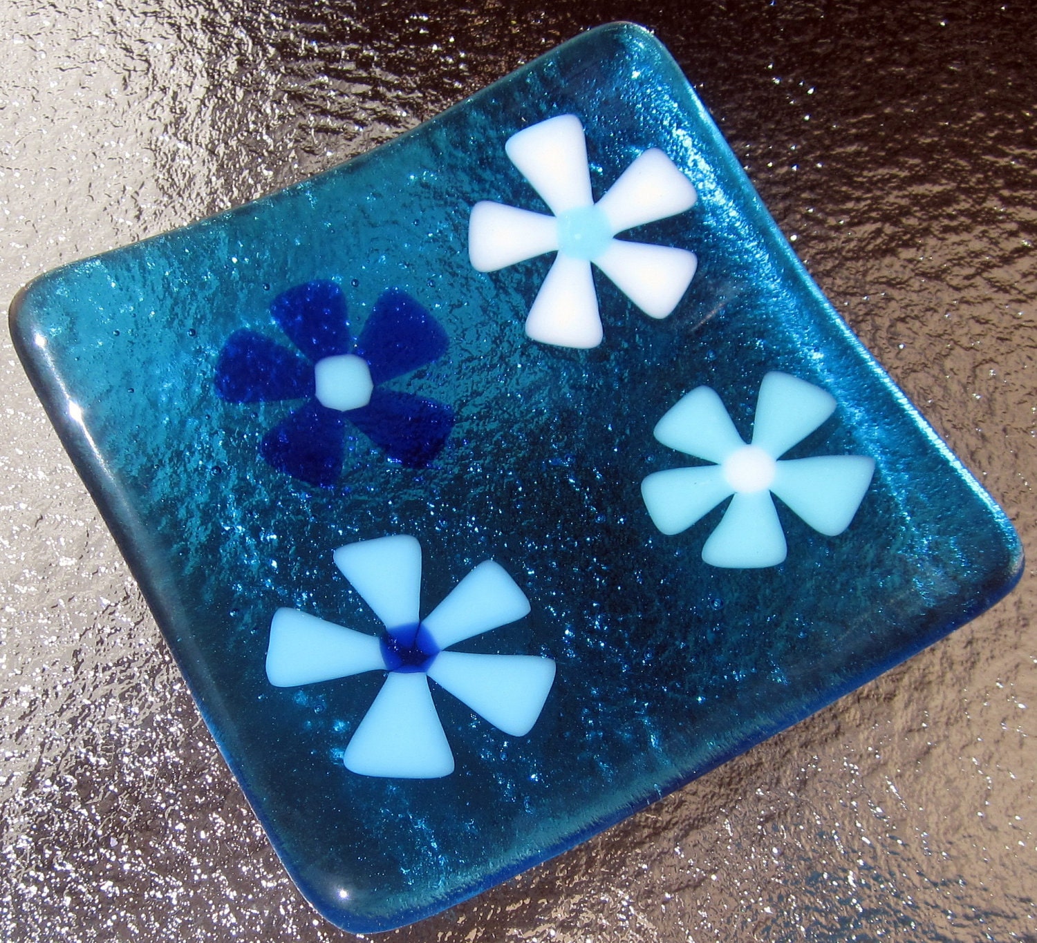 Fused Glass Dish, Flowers on Turquoise