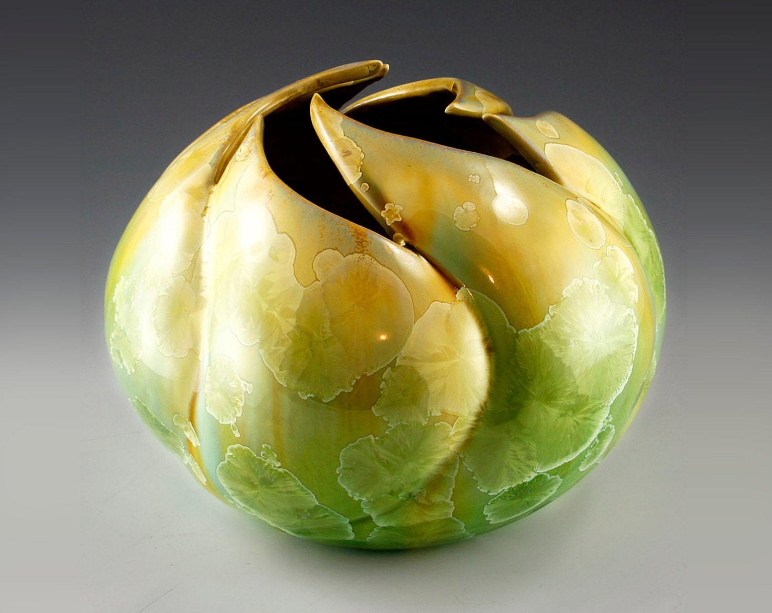 Hand Carved Crystalline Glazed Gold and Green Vase