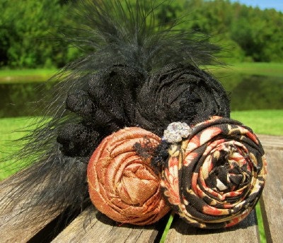Rosette Hairclip Apricot & Black Floral Vintage Elegance hand rolled rosette hairclip