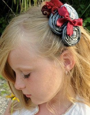 Rosette Hairclip Silver & Burgundy Formal Vintage Elegance hand rolled rosette hairclip